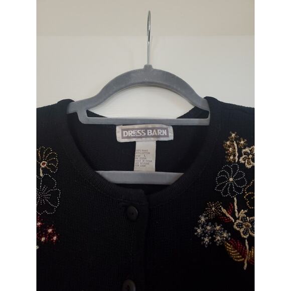 Dress Barn Black Beaded Floral Bouquets Boxy Holiday Cardigan Sweater Size Large - Picture 3 of 13